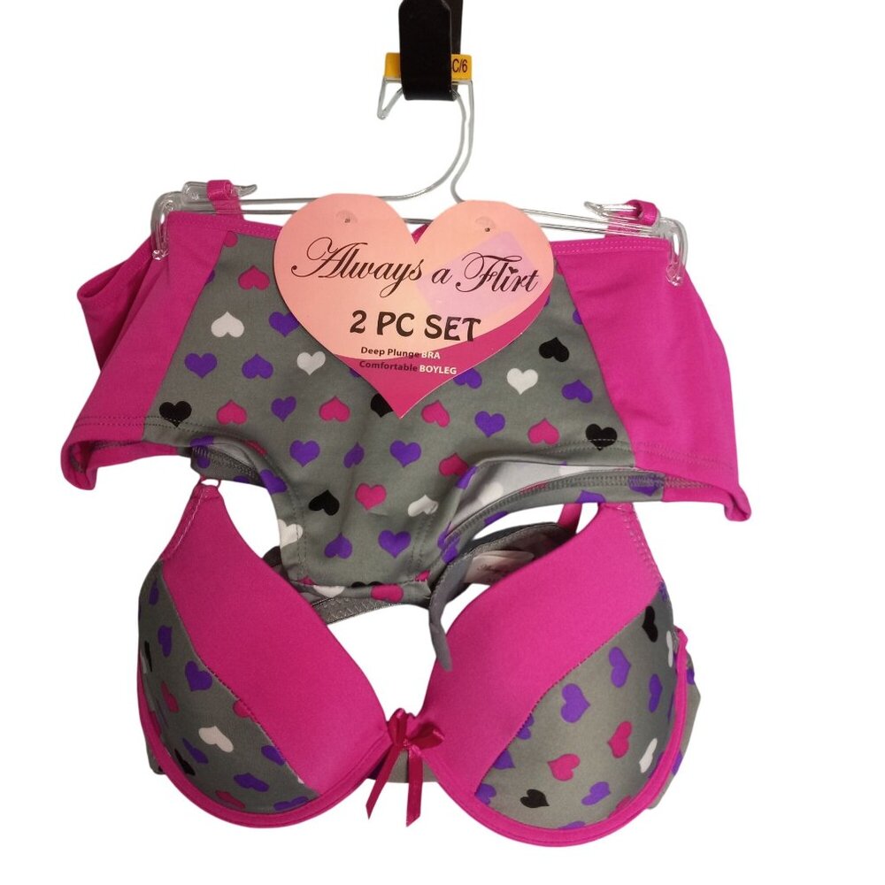 Always A Flirt 34C 6 M Bra Panties 2 Pc Set Deep Plunge Boyleg Pink Heart NEW
